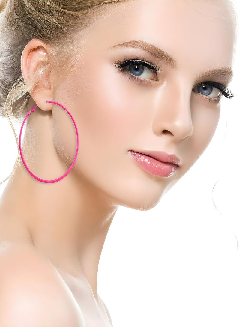 IDB Productions IDB Pink Hoop Earrings for Women, 2.3 Inch (60mm) Classic Stainless Steel Hot Pink Hoops, Elegant and Durable 80's Retro Style - Image 5